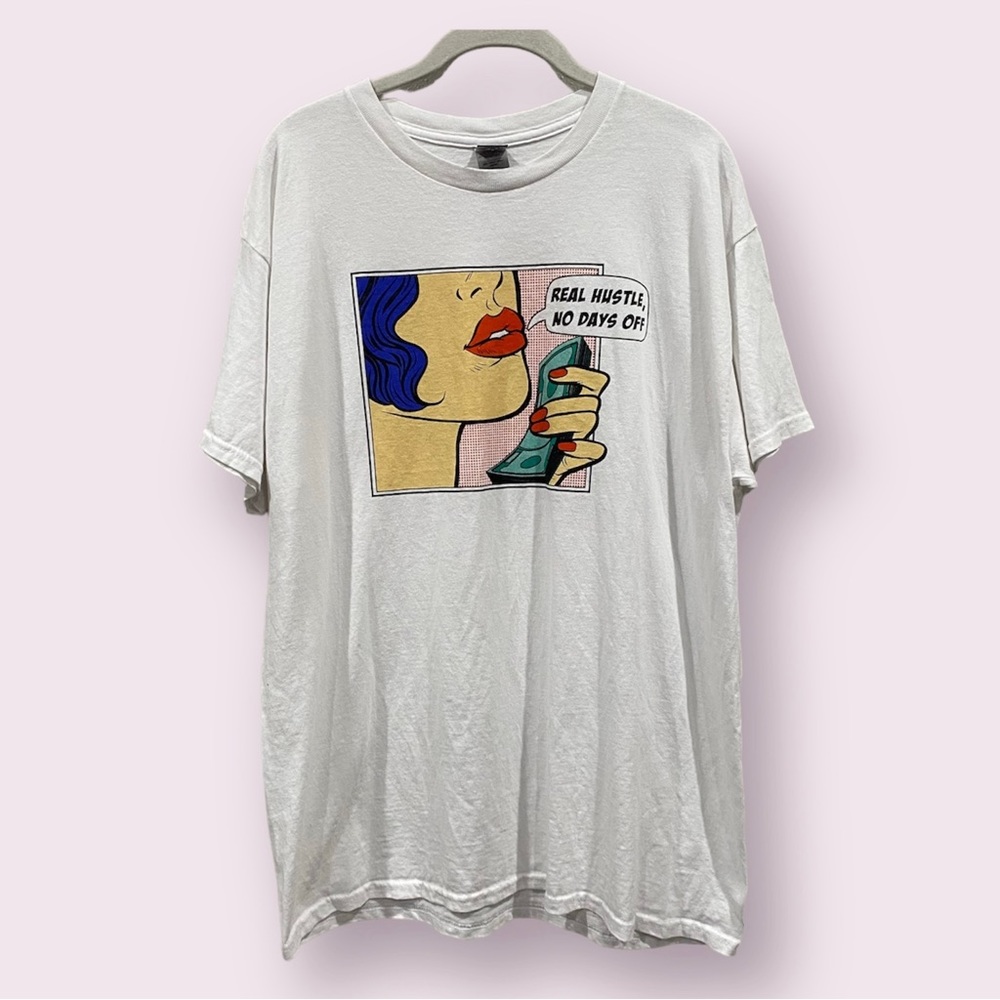 Comic Book Print Cartoon Graphic T-Shirt Real Hustle No Days Off T-Shirt White L - Picture 1 of 6